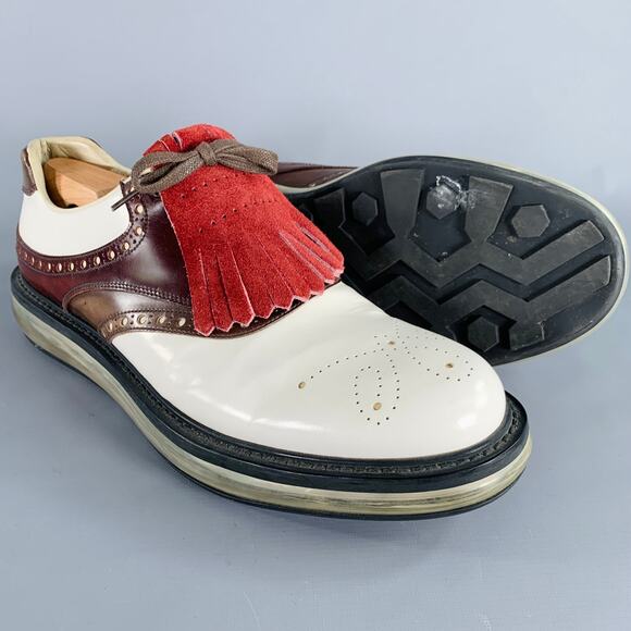 PRADA Size 12 White Burgundy Perforated Leather Lace-Up Shoes main image 5